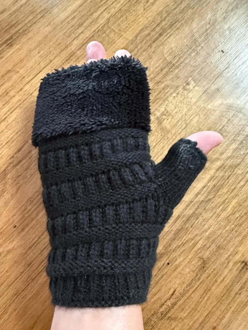 Black Knit Convertible Mittens with Fleece Lining